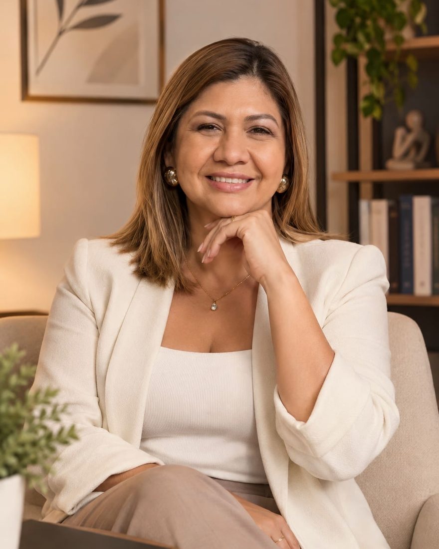 Priscila de Vasconcelos, psicanalista e terapeuta, sentada em seu consultório